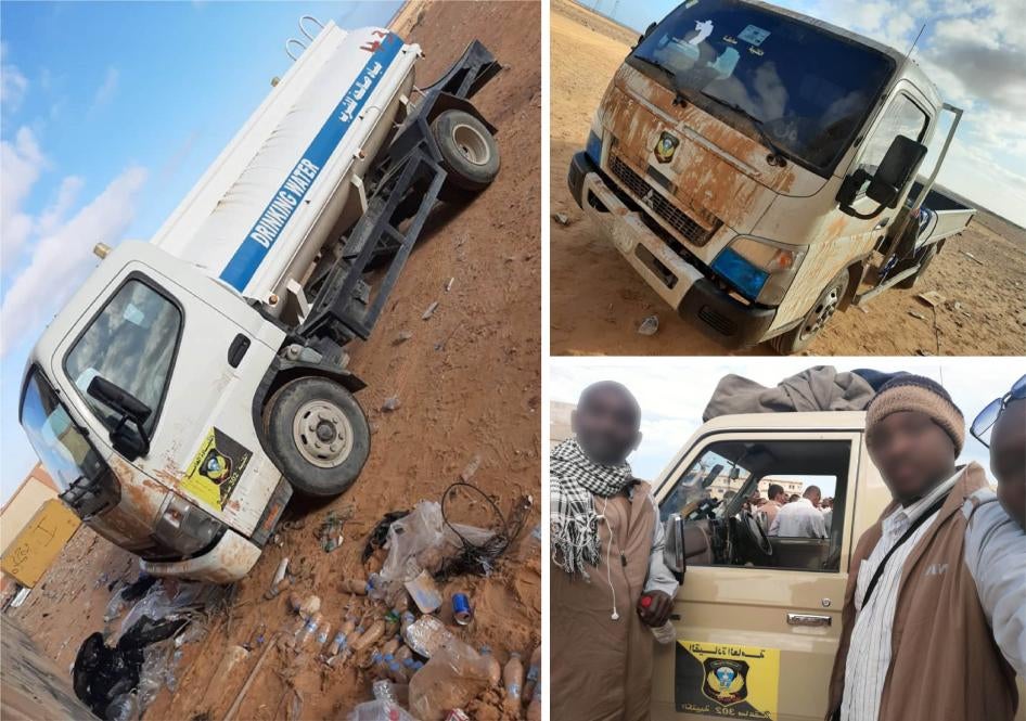 شاحنتان صغيرتان بالقرب من مجمع راس لانوف العسكري في ليبيا تحملان شارات وحدة القوات الخاصة 302، والمعروفة أيضا باسم "الصاعقة"، التابعة للقوات المسلحة العربية الليبية التابعة للواء خليفة حفتر.