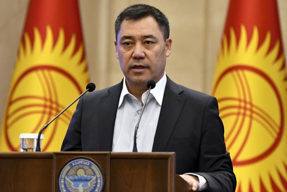 Kyrgyzstan's Prime Minister Sadyr Japarov delivers his speech during an official ceremony of transfer of the power at the Kyrgyzstan Parliament in Bishkek, Kyrgyzstan, Friday, Oct. 16, 2020.