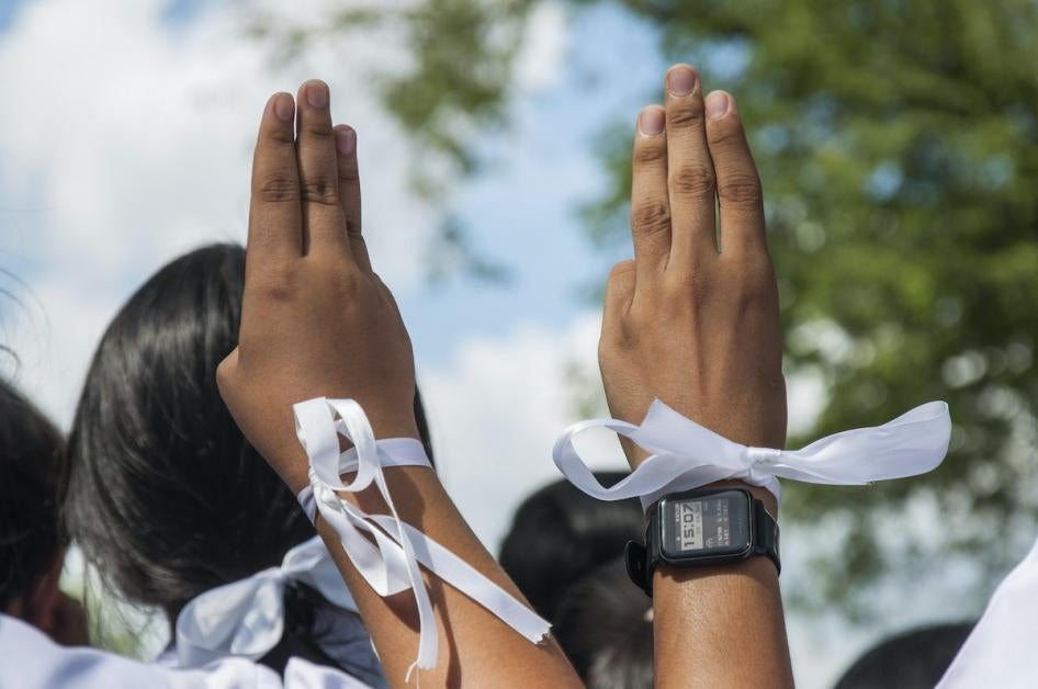 Students hold up a three finger salute during a protest.