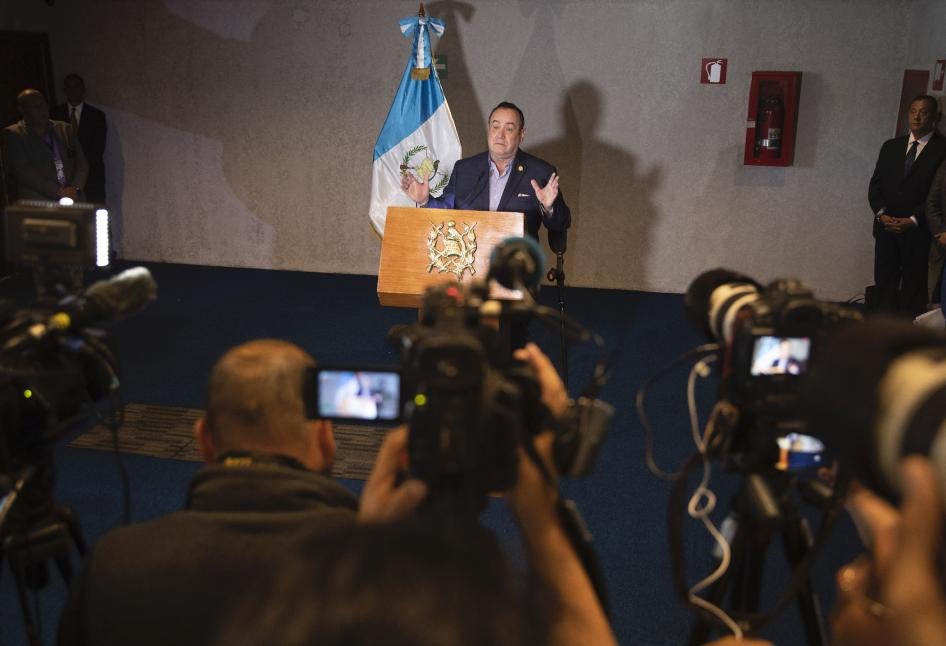 uatemala's President Alejandro Giammattei gives a press conference at the National Theatre, the day before his inauguration in Guatemala City, Jan. 13, 2020.