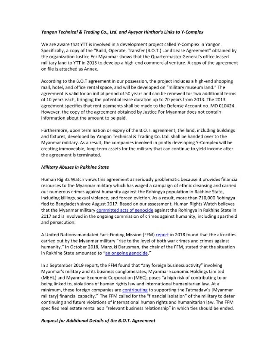 Letter to Yangon Technical & Trading Co., Ltd. by Human Rights Watch
