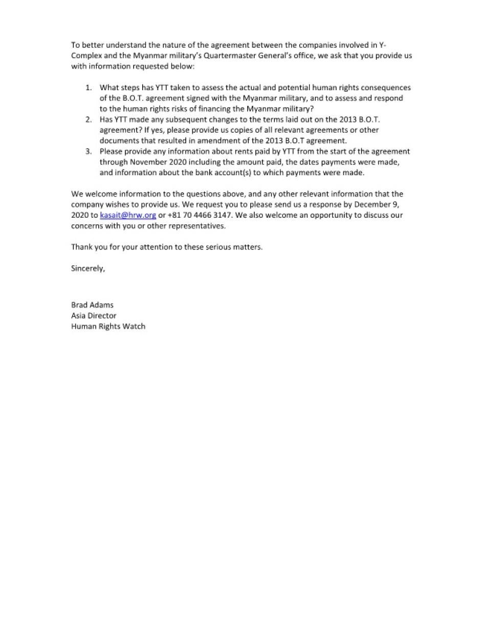 Letter to Yangon Technical & Trading Co., Ltd. by Human Rights Watch