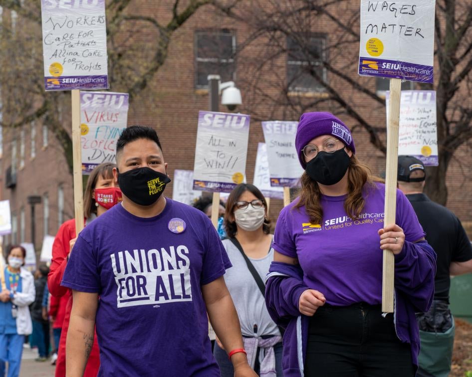 Frontline healthcare workers in Minnesota picket for fair wages. 