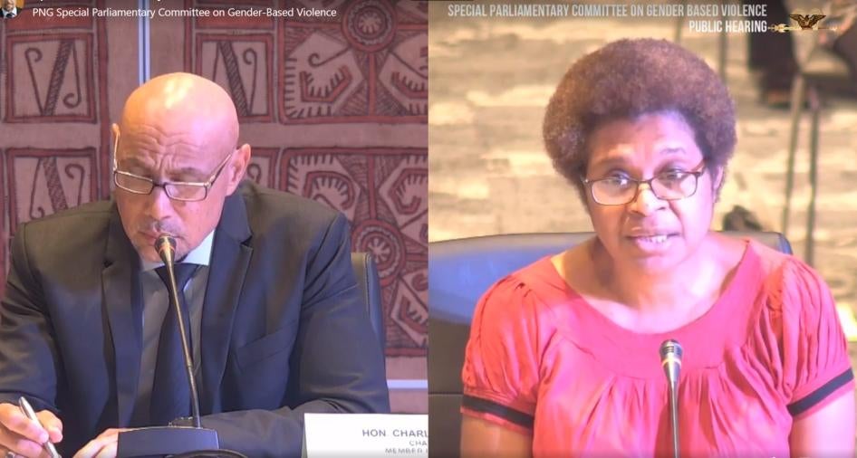 Screenshot from the testimony of Dr. Fiona Hukula at the Special Parliamentary Inquiry into Gender-Based Violence in Port Moresby on May 24, 2021.  