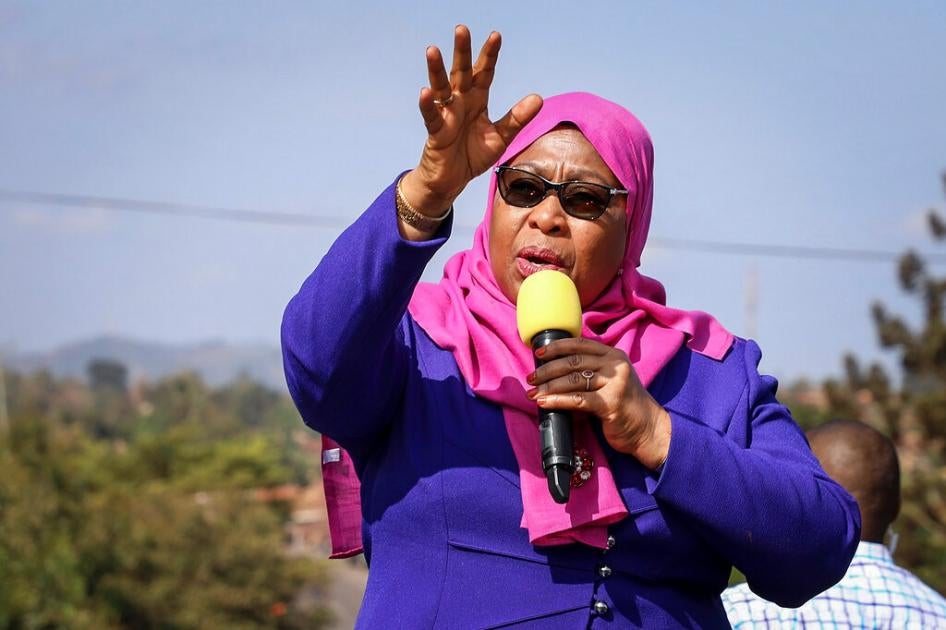 Tanzania's President Samia Suluhu Hassan speaks during a tour of the Tanga region of Tanzania on March 16, 2021. 