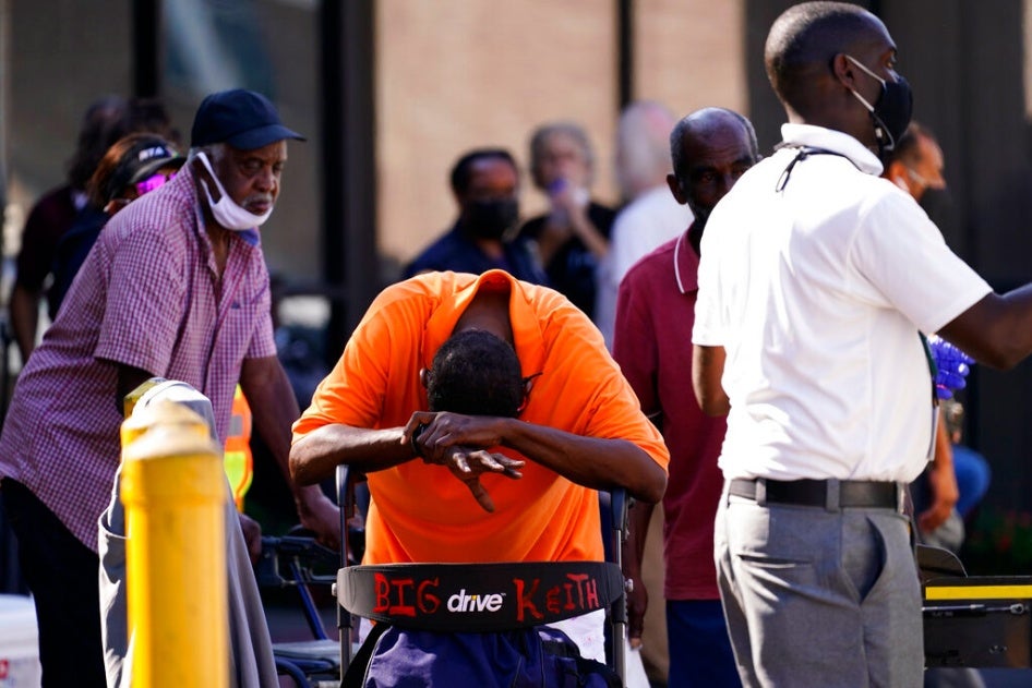 Occupants prepare to depart the Renaissance Place senior living apartments in the aftermath of Hurricane Ida on September 3, 2021, in New Orleans, Louisiana. 