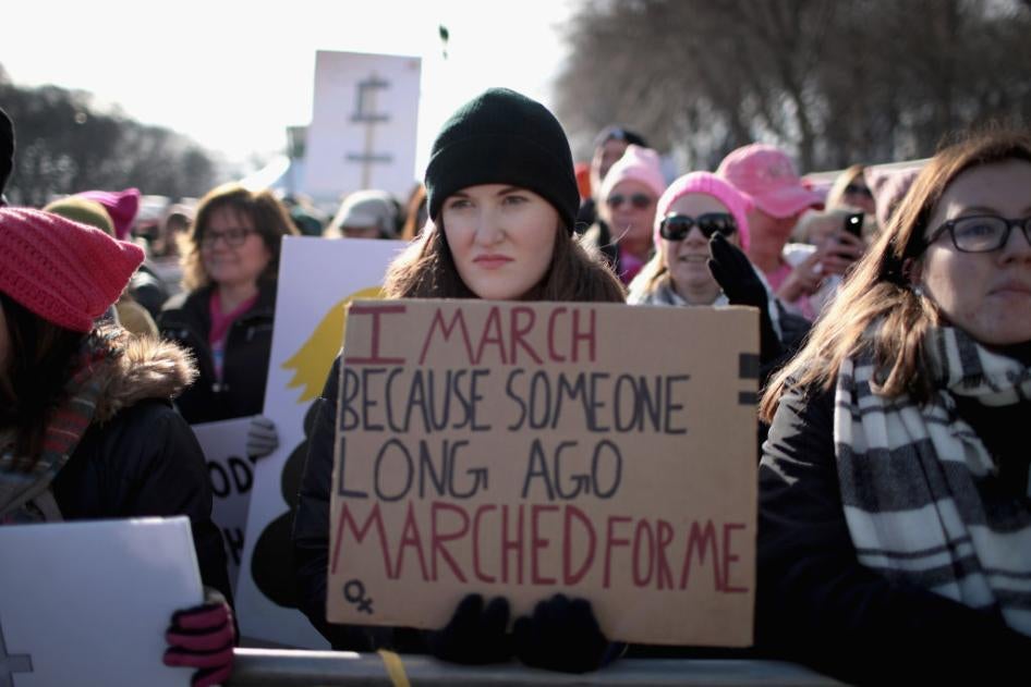  People rally downtown for the Second Annual Women's March on January 20, 2018 in Chicago, Illinois.