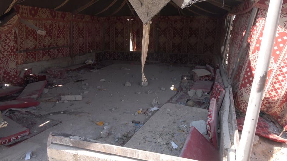 A tent belonging to an attacked house showing the impact of the Houthi missile attack in Al-Amoud in al-Jubah district, Marib governorate, Yemen pictured on October 29, 2021.