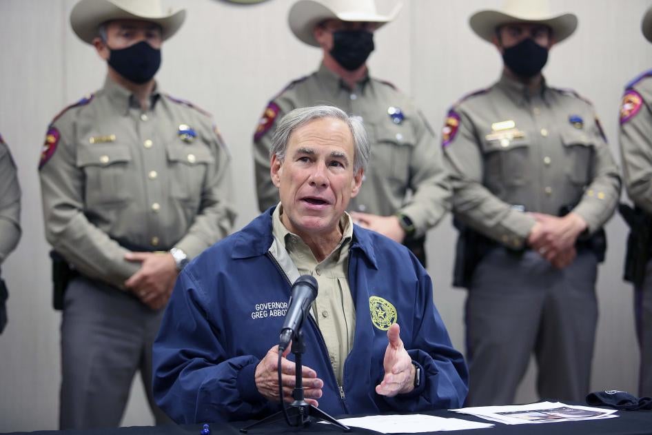 Texas Governor Greg Abbott talks about Operation Lone Star during a press conference at the Texas Department of Public Safety Weslaco Regional Office on April 1, 2021, in Weslaco, Texas.