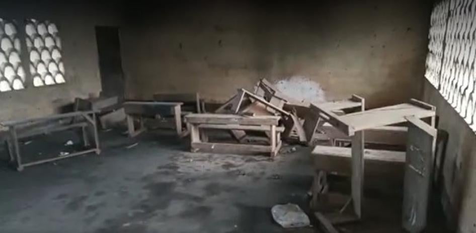 Desks in an abandoned classroom
