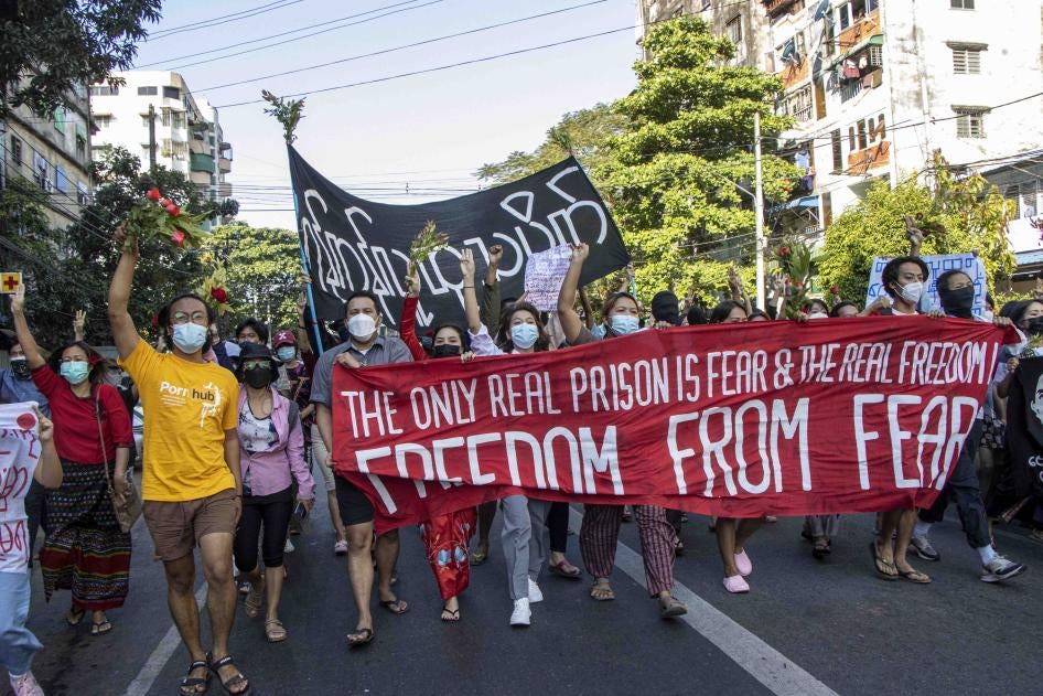 Demonstrators in Yangon protest the military coup in Myanmar