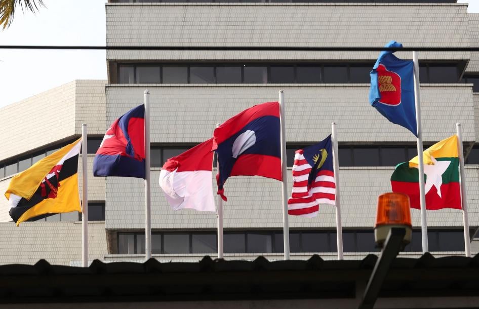 Flags of member countries fly at the ASEAN Secretariat in Jakarta, Indonesia, April 22, 2021.