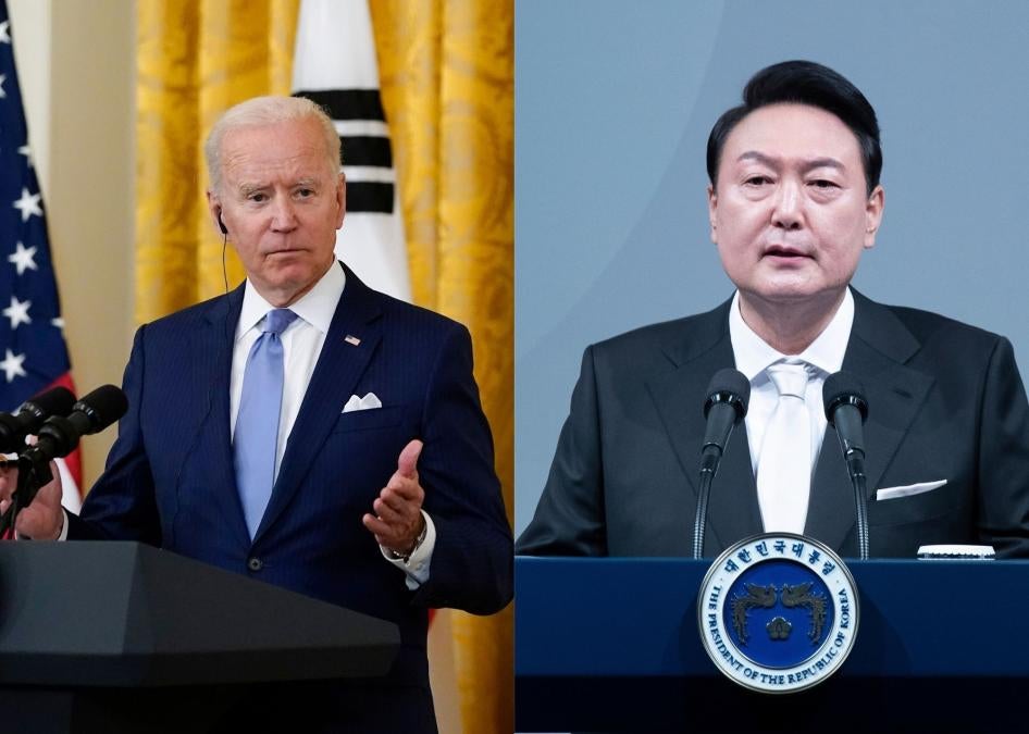 US President Joe Biden, left, and South Korean President Yoon Suk-yeol, right.