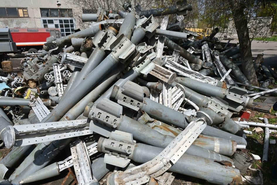 Remnants of dozens of Smerch and Uragan cluster munition rockets collected by Ukraine’s State Emergency Service from Kharkiv in April 2022. 