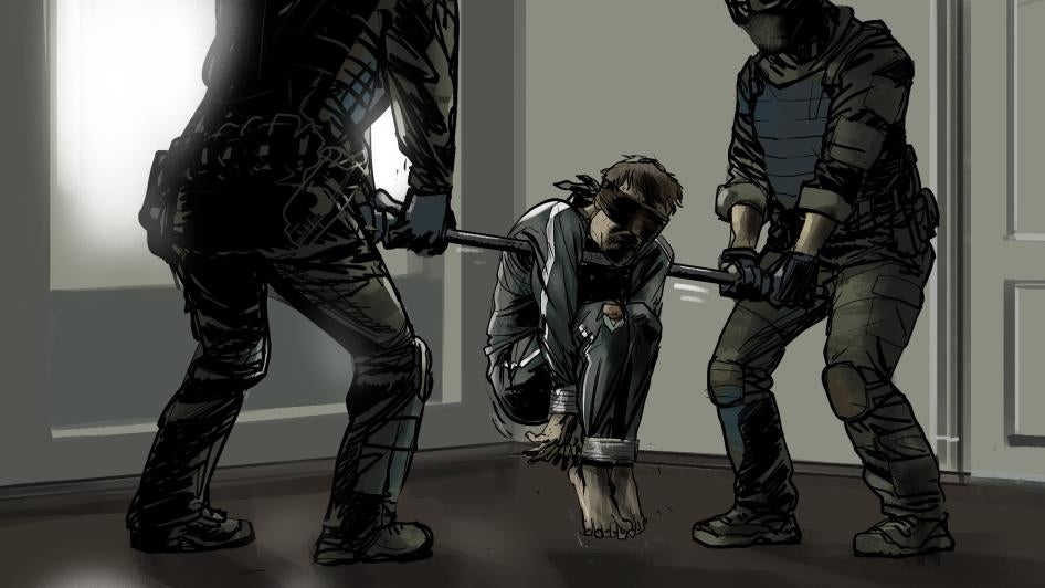 «Игорь» рассказывает, что иногда его заставляли садиться, подогнув колени вверх. Затем ему связывали под коленями руки и продевали поперек груди, под мышками, металлический стержень. Это называлось «попугай». Затем два человека поднимали трубу так, что он свисал с нее. 