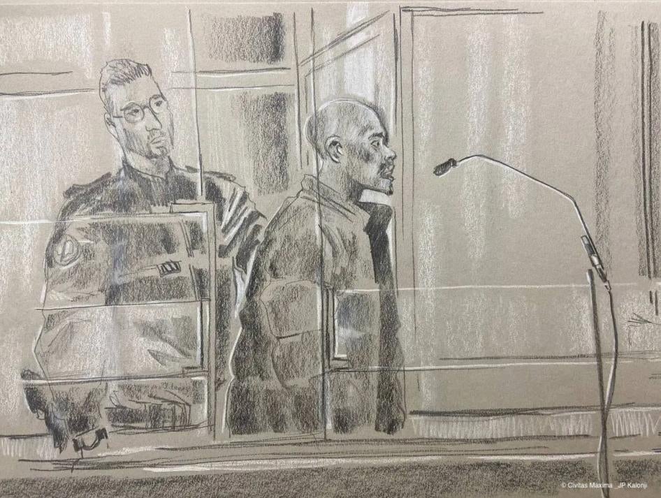 A courtroom sketch showing Kunti Kamara addressing the Paris Criminal Court during his trial, October 2022. 