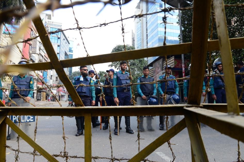 Police set up a roadblock near the opposition Bangladesh Nationalist Party's central office in Dhaka.