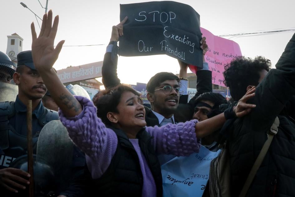 Student Union Cadres demonstrate outside the Myanmar embassy in Nepal against the Myanmar military court death sentence imposed on December 5, 2022, on seven university students who had protested against the military coup in Myanmar.