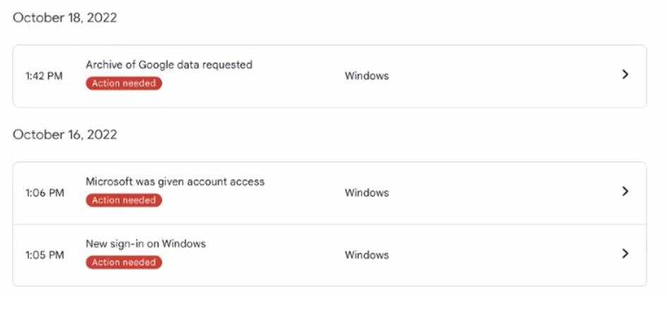 لقطة شاشة لنشاط غوغل لأحد أهداف حملة التصيد الاحتيالي، تعرض طلب بيانات غوغل من قبل المهاجمين. (أكتوبر/تشرين الأول 2022)