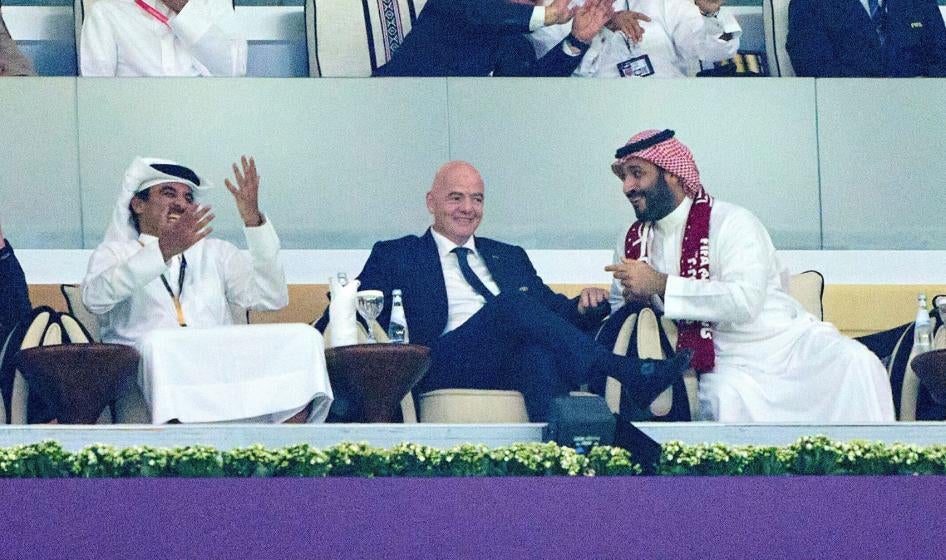 Emir and President of Qatar Sheikh Tamim bin Hamad Al Thani, FIFA President Gianni Infantino, and Saudi Arabia's Crown Prince Mohammed bin Salman al-Saud at the 2022 Qatar World Cup, on November 20, 2022, in Al Bayt Stadium in Doha, Qatar.