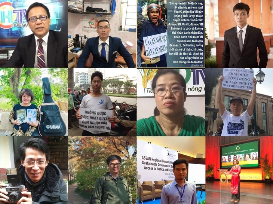 Twelve Vietnamese rights activists and bloggers currently detained for exercising their basic rights. Top row from left to right: Le Van Dung, Le Manh Ha, Dinh Van Hai, Bui Van Thuan. Center row:  Pham Doan Trang, Trinh Ba Phuong, Nguyen Thi Tam, Truong Van Dung. Bottom row: Nguyen Lan Thang, Mai Phan Loi, Dang Dinh Bach, Nguy Thi Khanh.