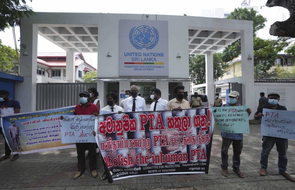 Sri Lankan rights activists protest against the Prevention of Terrorism Act outside the United Nations office in Colombo, Sri Lanka, March 3, 2022. 