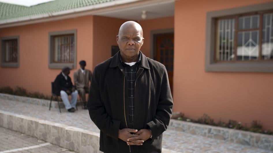 Melumzi Sauka, deputy chair of the Imbumba Association for the Aged, outside the Dimbaza Society for the Aged’s service center in Dimbaza