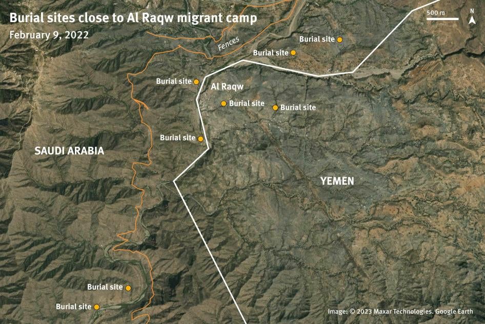 Location of burial sites identified on satellite imagery close to Al Raqw migrant camp. 