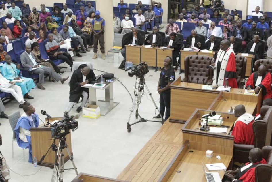 Inside of the courtroom in Conakry where a domestic trial is ongoing for crimes committed during the 2009 Stadium Massacre. 