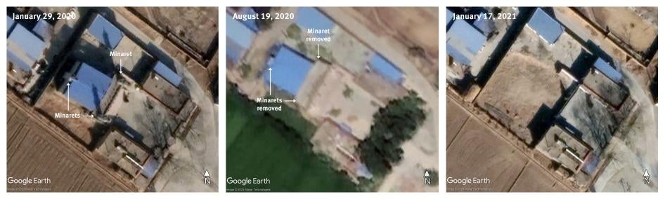 Liaoqiao East Mosque: The mosque had three minarets (left); they were removed between January and August 2020 (center); the main hall of the mosque was demolished as of January 2021 (right).