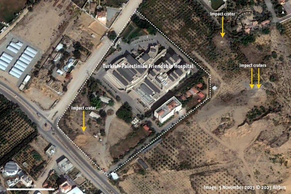 Satellite imagery from November 3, 2023, shows several impact craters around the Turkish-Palestinian Friendship Hospital. 