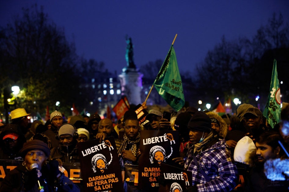 Protesters attend a demonstration against an immigration bill at the Place de la Republique in Paris, France, December 18, 2023. 