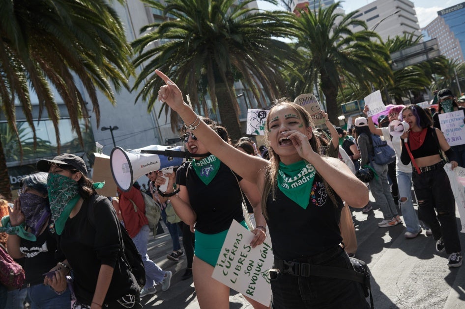 Demonstrators march during an International Safe Abortion Day rally in Mexico City, Mexico, September 28, 2023.