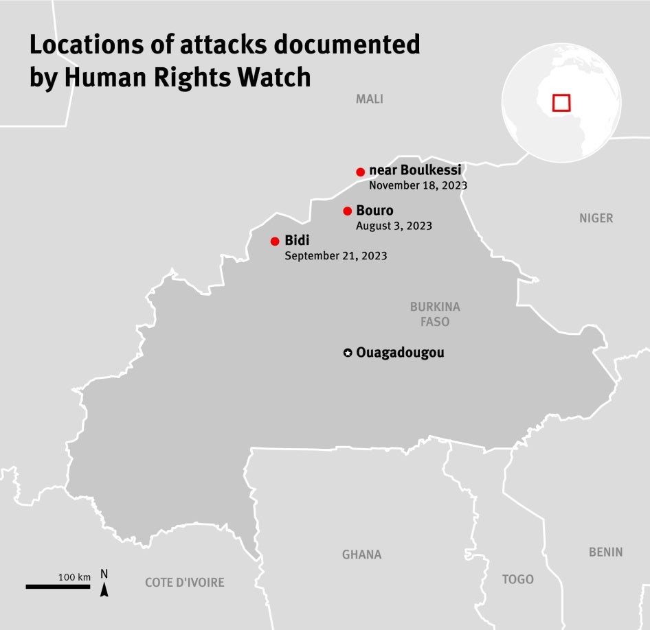 Location of the three attacks in Burkina Faso and Mali documented by Human Rights Watch. Data © OpenStreetMap contributors. Graphic © 2024 Human Rights Watch