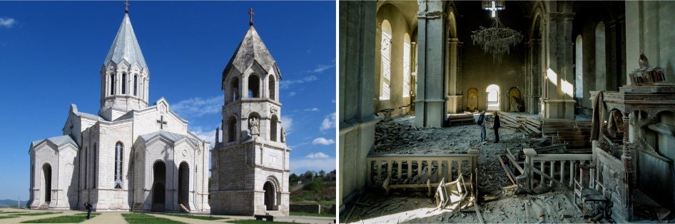 Side-by-side photos of a cathedral before and after its destruction