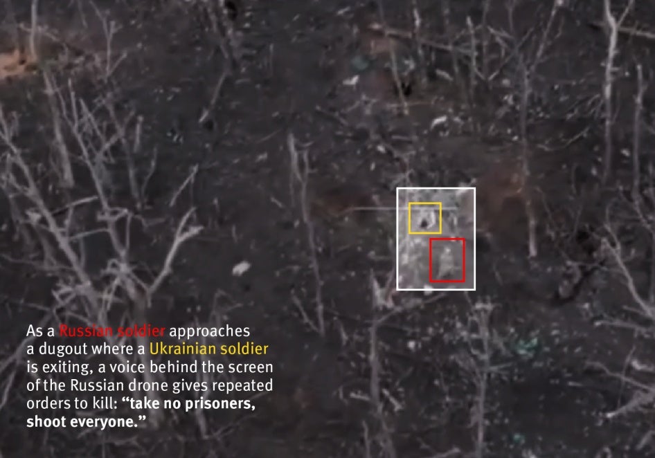 A still frame extracted from Russian drone footage in which a voice is heard repeatedly commanding Russian soldiers to "take no prisoners, shoot everyone". The footage shows Russian soldiers then  killing two Ukrainian soldiers. 