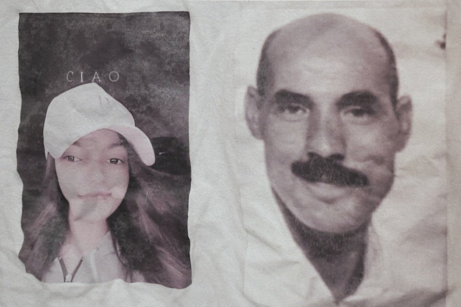 A screen-printed T-shirt with the photos of Mejid Hedhli, a contractor imprisoned for unpaid checks since 2015, and his daughter Siwar