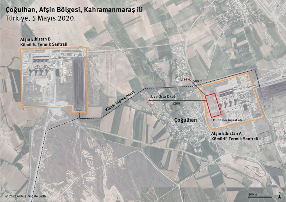 Harita Çoğulhan'daki okulların konumunu ve santral ile ek iki ünitenin kurulacağı alana olan yakınlıklarını gösteriyor.