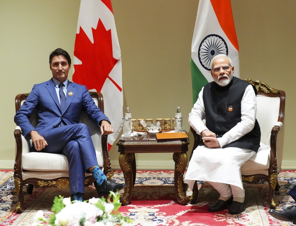 Prime Minister Justin Trudeau (L) in a bilateral meeting with Indian Prime Minister Narendra Modi during the G20 Summit in New Delhi, India, September 10, 2023. 