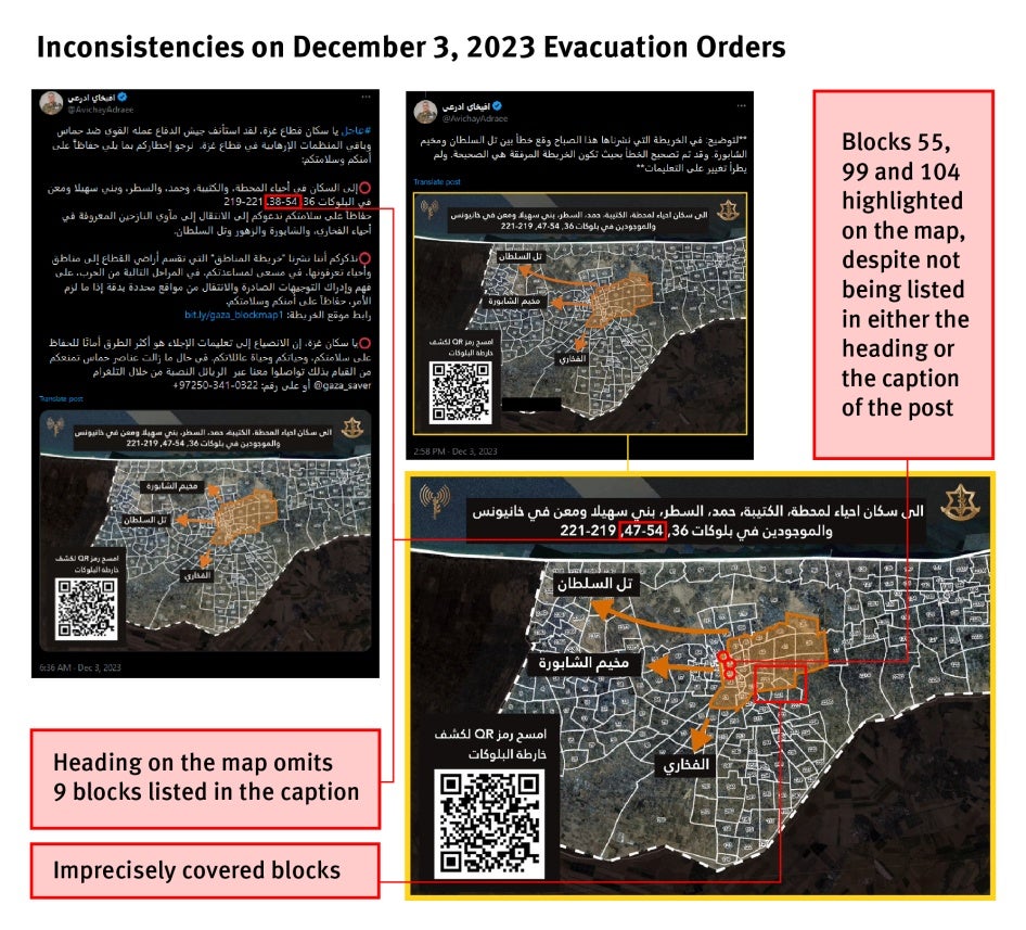 Annotated graphic of screenshots of evacuation orders shared on X/Twitter