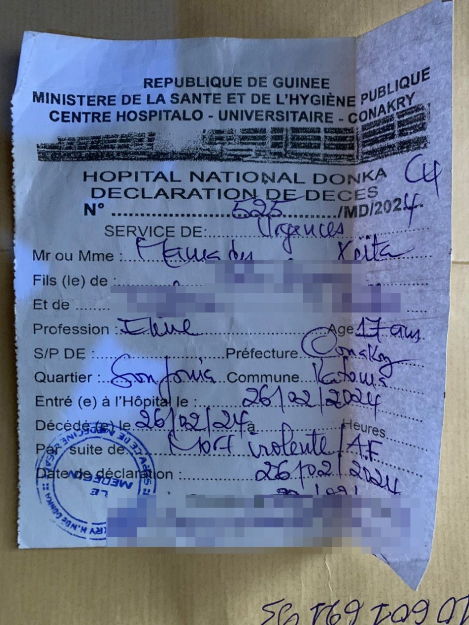 Mamady Keïta’s death certificate.