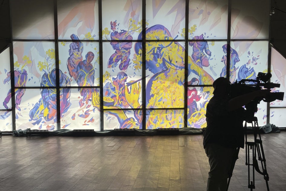 Artwork by the Ukrainian artist Julia Tveritina to raise awareness for the victims of sexual violence, at an art center in Kyiv, Ukraine, June 19, 2024. 