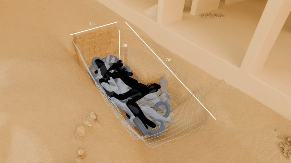 حددت هيومن رايتس ووتش حجم المقبرة المحفورة بآلة بعد إجراء تحليل مكاني وتصويري للفيديو وإنشاء نموذج ثلاثي الأبعاد للموقع. 