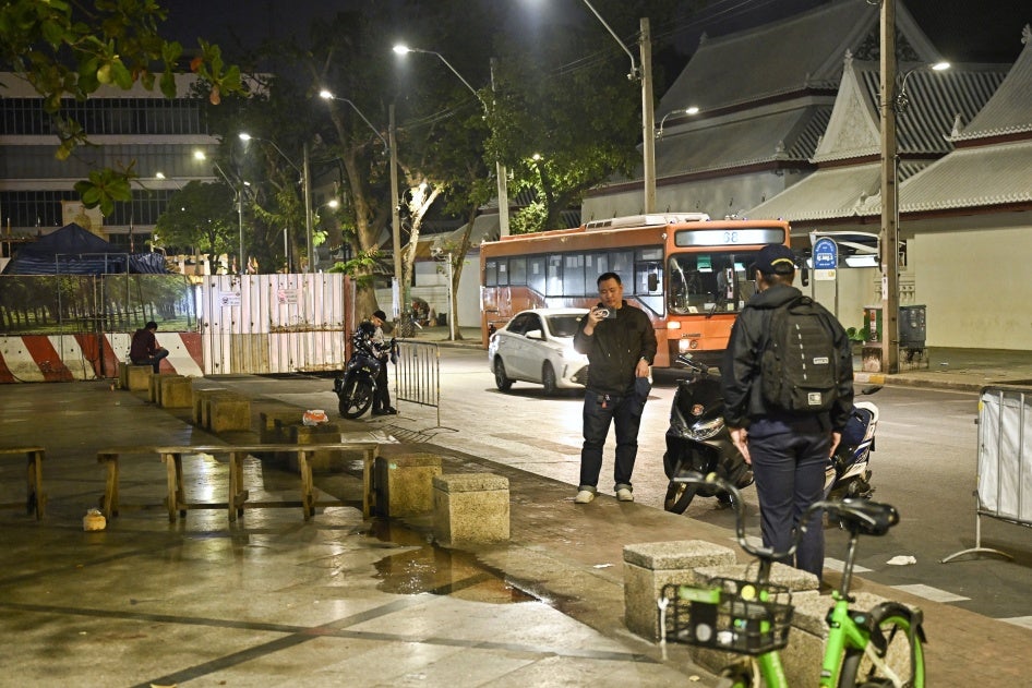 Thai Central Investigation Bureau members stand near the spot where Lim Kimya, a former member of the Cambodian parliament, was shot and killed, in Bangkok, Thailand, on January 7, 2025.