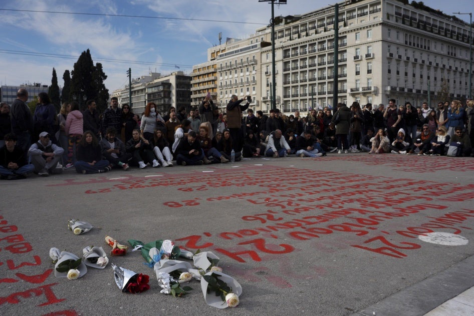 Flowers and the names of the victims of the Tempi train accident are displayed during a sit-in protest organized by the Association of Relatives of the Tempi Victims in Athens, Greece, January 26, 2025.