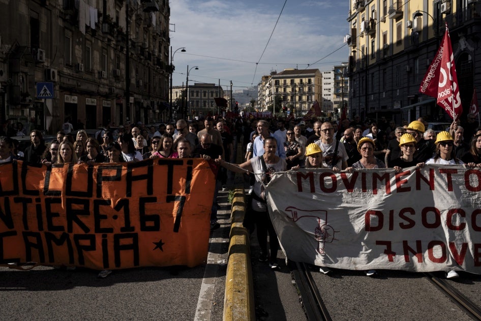 A demonstration takes place in Naples, Italy, outside the Poggioreale prison, where people gather to protest against the Meloni government's security bill 1660, October 28, 2024.