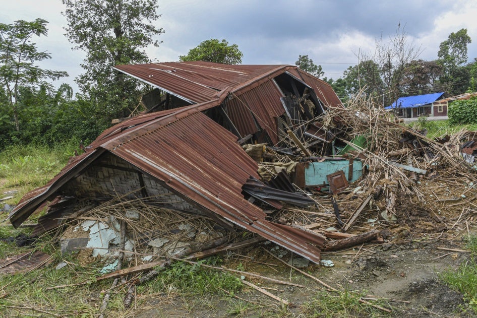 A destroyed house after clashes between Meiteis and Kukis along a highway in Torbung village in Churachandpur district, Manipur, May 3, 2023. 