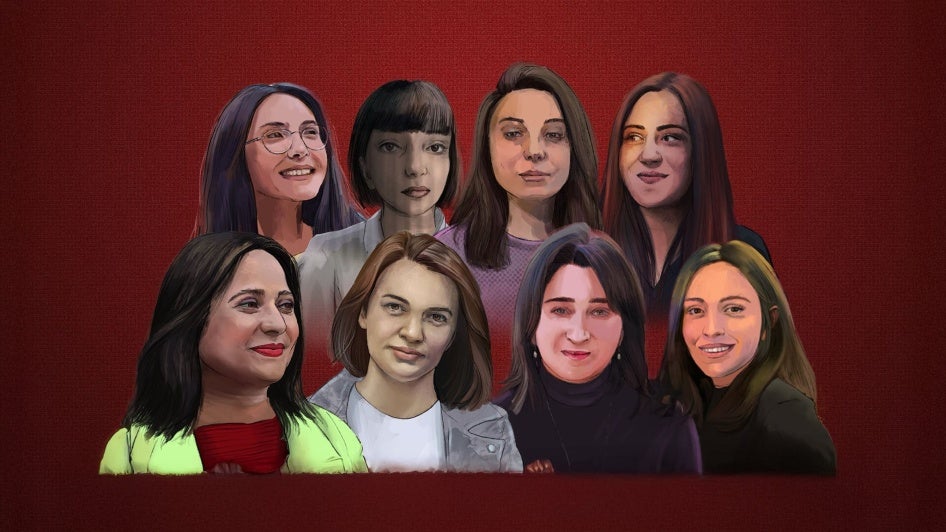 An original painting of the women journalists behind bars in Azerbaijan: from Abzas Media, Sevinj Vagifgizi, Nargiz Absalamova, and Elnara Gasimova; from Meydan TV, Aynur Elgunash, Aytaj Ahmadova, Aysel Umudova, and Khayala Aghayeva; and independent journalist Fatima Movlamli.