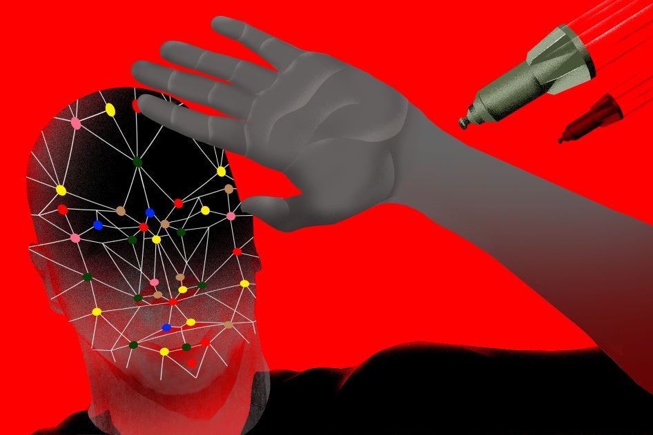 Illustration of a person shielding their face from oncoming autonomous weapons