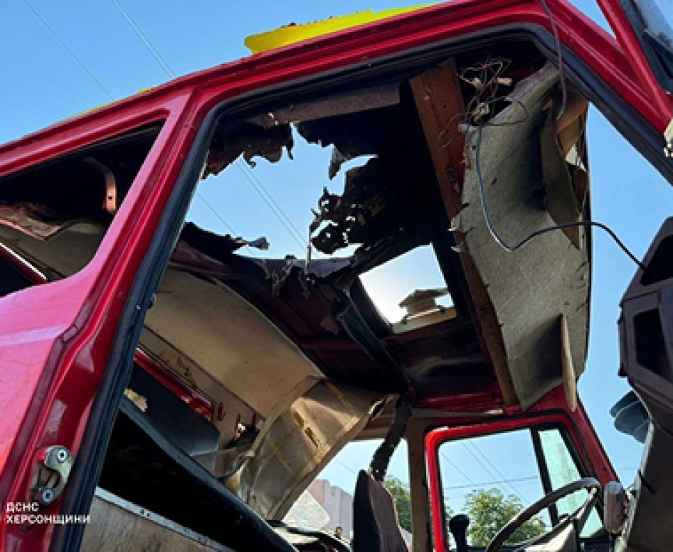  Fire truck damaged by a drone attack @ 2025 State Emergency Service of Ukraine via X 